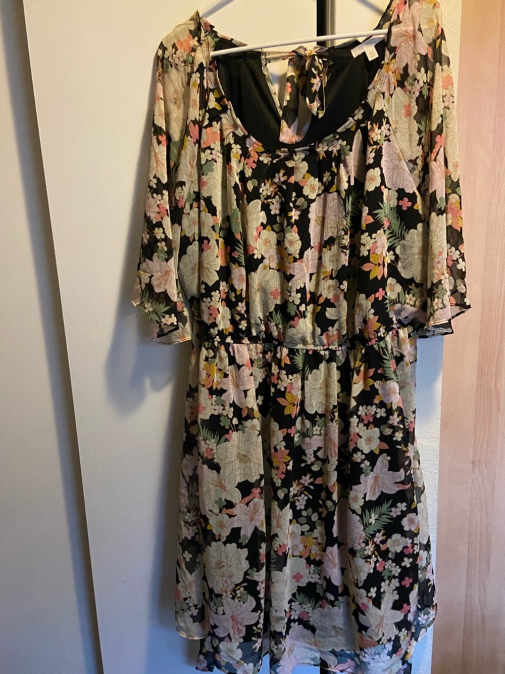 LC Lauren Conrad Black Floral Chiffon Dress with Pastel Blooms